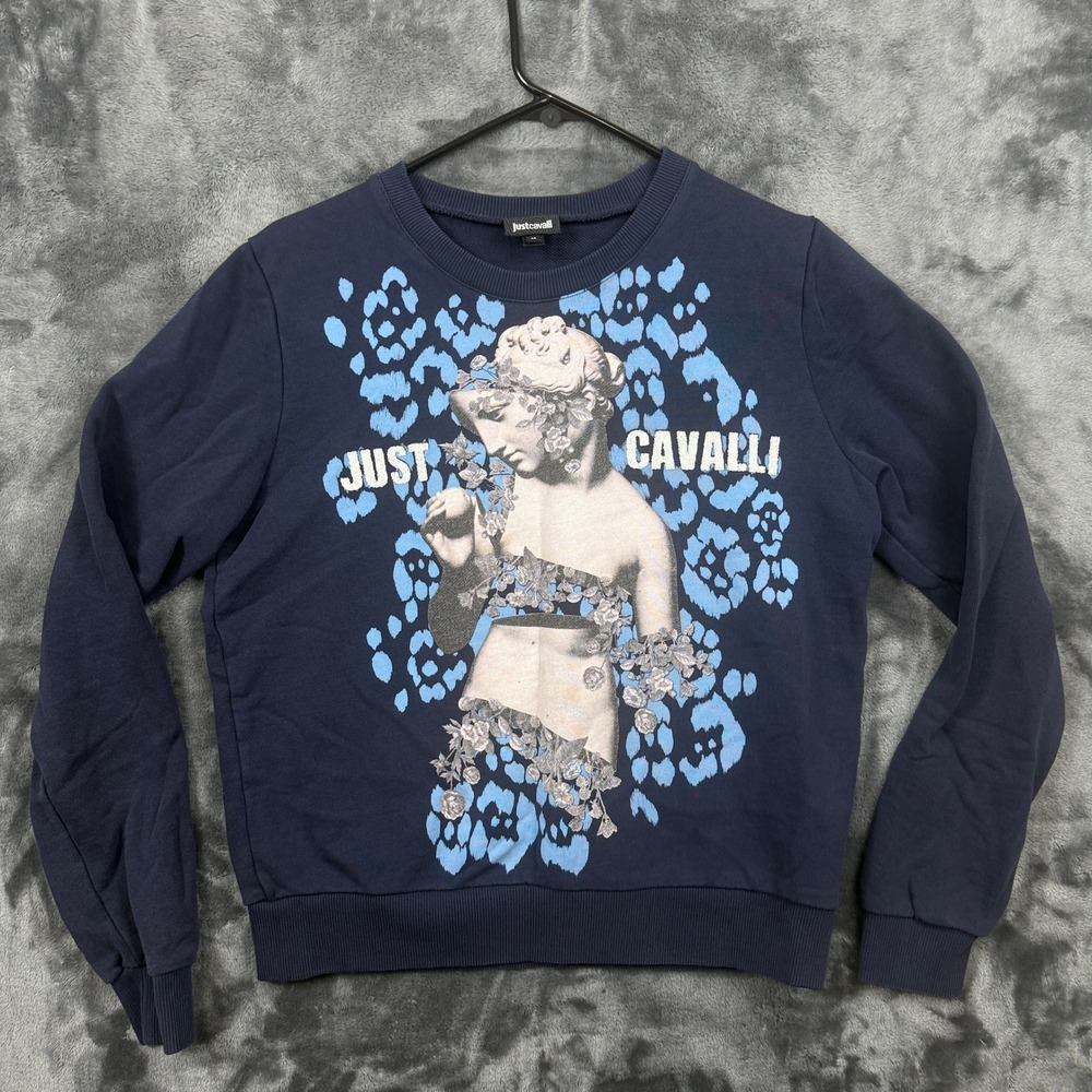 Just Cavalli Sweatshirt Womens Medium Navy Blue Graphic Statue Leopard Print